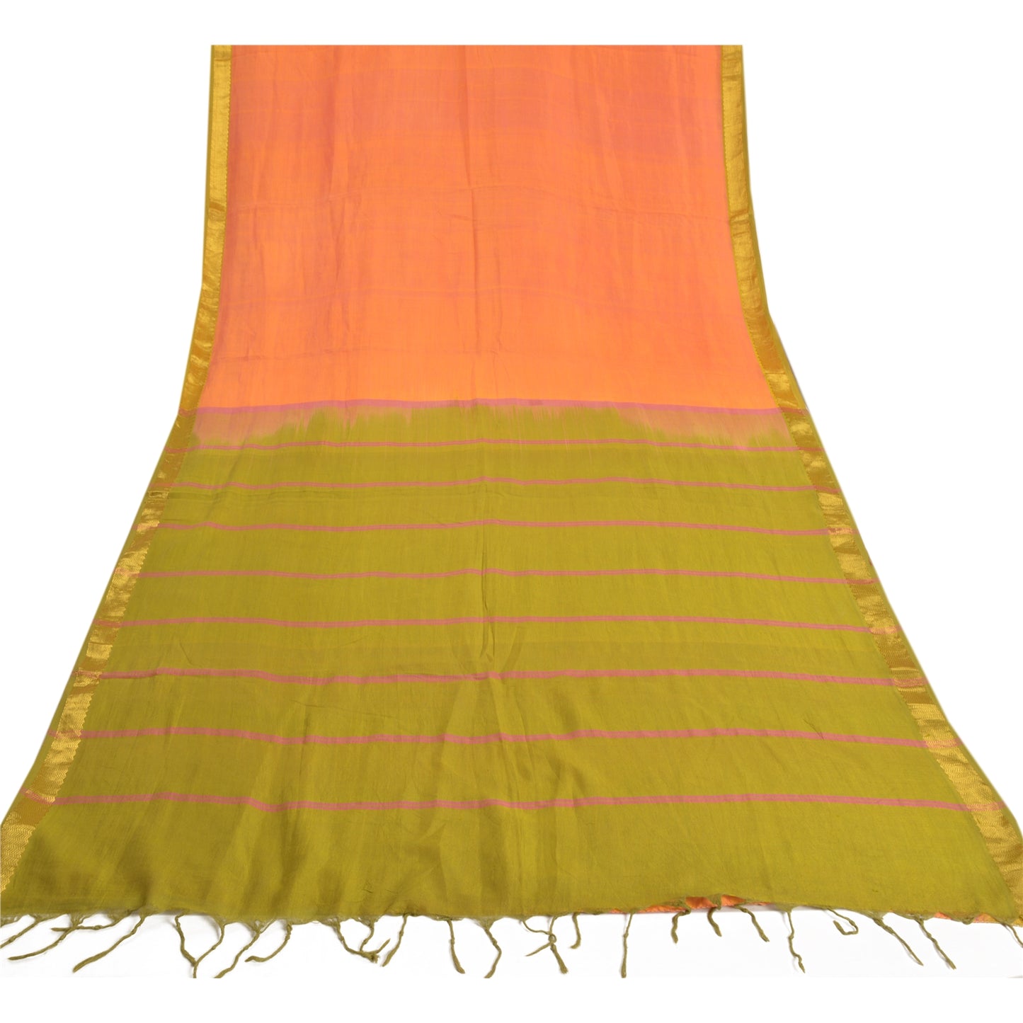 Sanskriti Vintage Peach Indian Sarees Cotton Silk Woven Sari Craft 5 Yard Sustainable Fabric