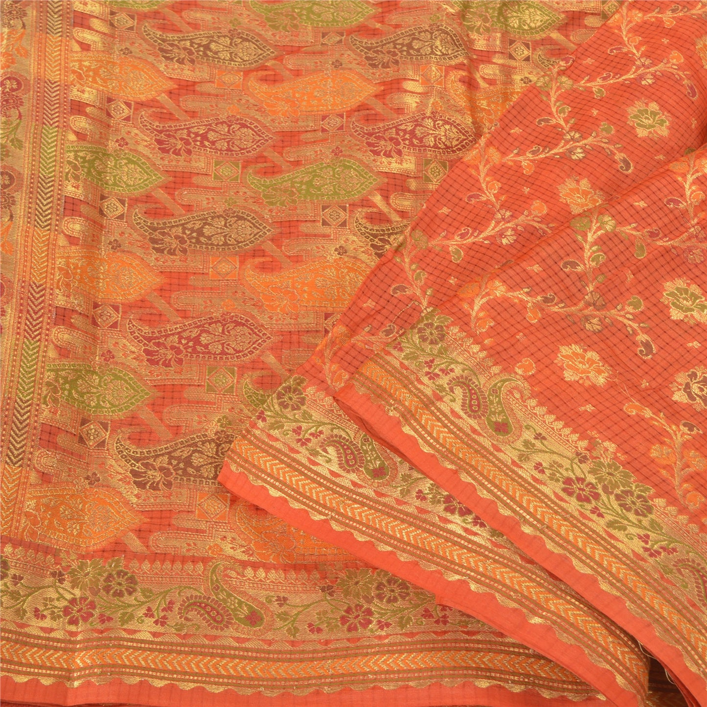 Sanskriti Vintage Orange Indiske Sarier 100% Ren Silke Vævet Premium Sari Bæredygtigt Stoff