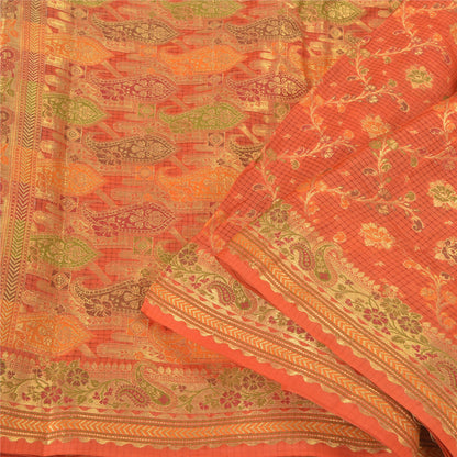 Sanskriti Vintage Orange Indiske Sarier 100% Ren Silke Vævet Premium Sari Bæredygtigt Stoff