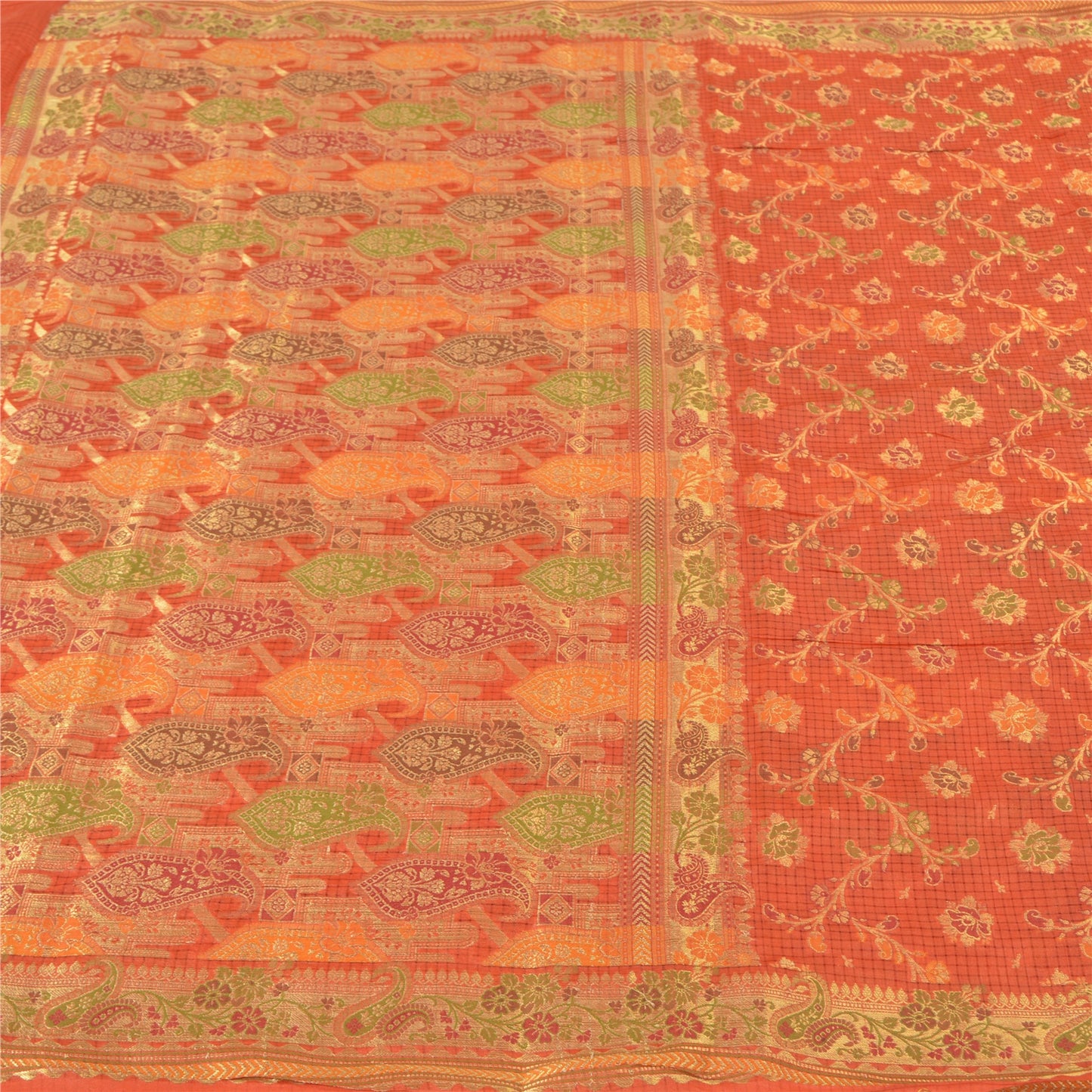 Sanskriti Vintage Orange Indiske Sarier 100% Ren Silke Vævet Premium Sari Bæredygtigt Stoff