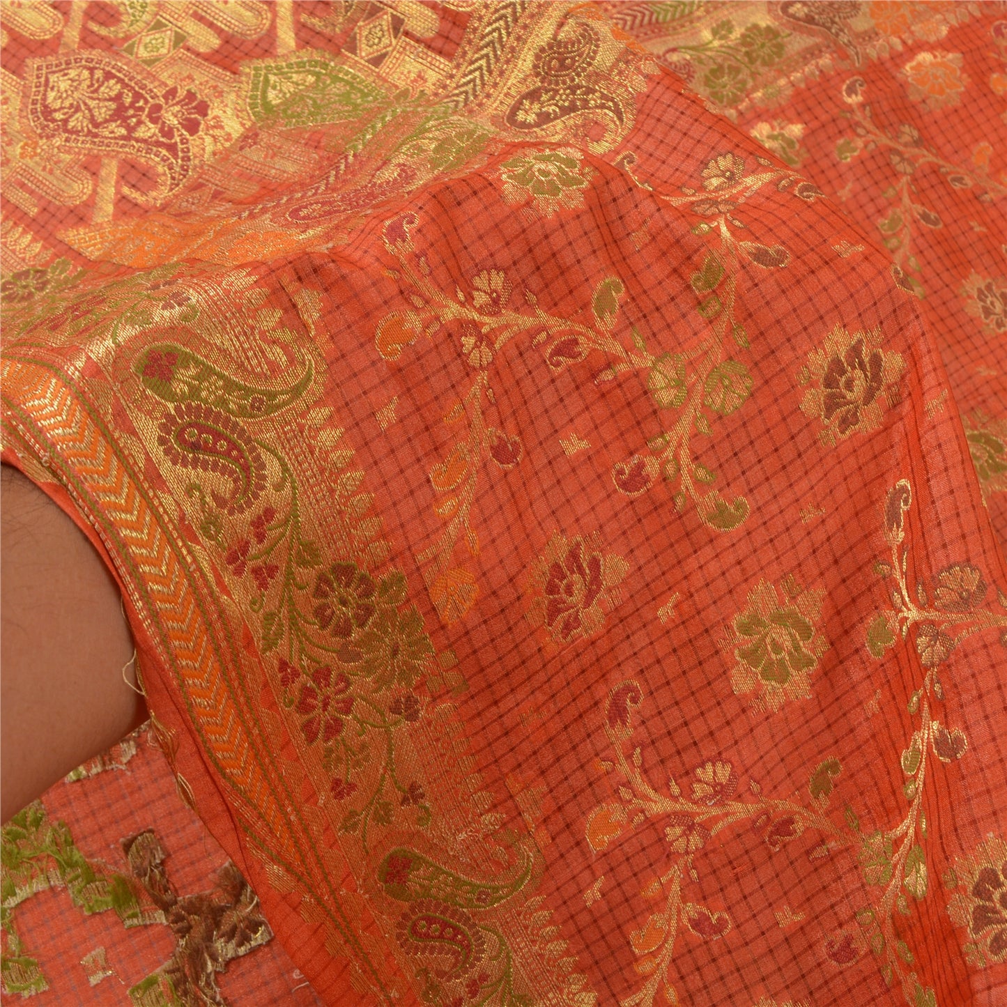 Sanskriti Vintage Orange Indiske Sarier 100% Ren Silke Vævet Premium Sari Bæredygtigt Stoff