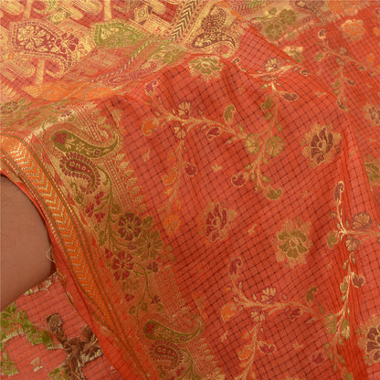 Sanskriti Vintage Orange Indiske Sarier 100% Ren Silke Vævet Premium Sari Bæredygtigt Stoff