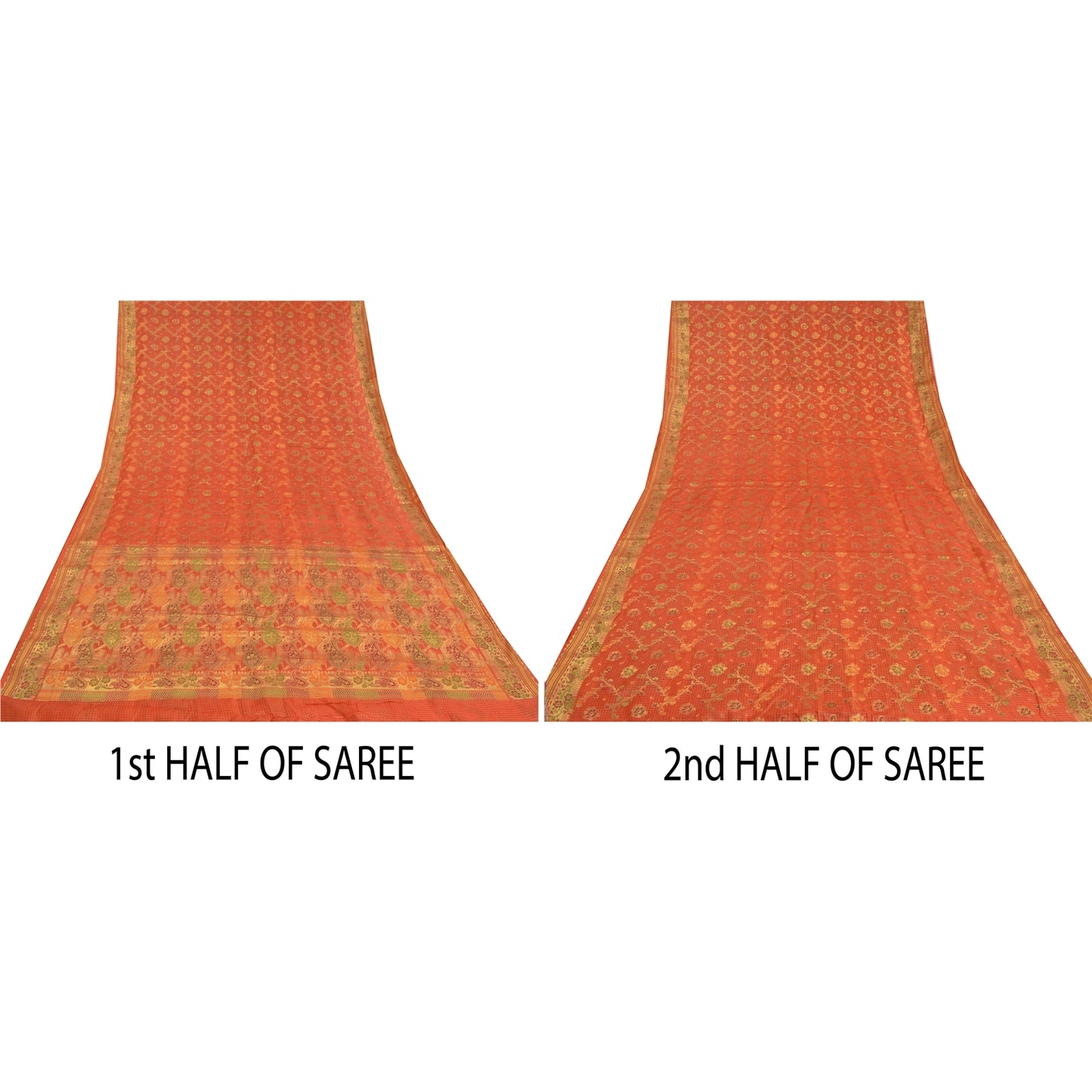 Sanskriti Vintage Orange Indiske Sarier 100% Ren Silke Vævet Premium Sari Bæredygtigt Stoff