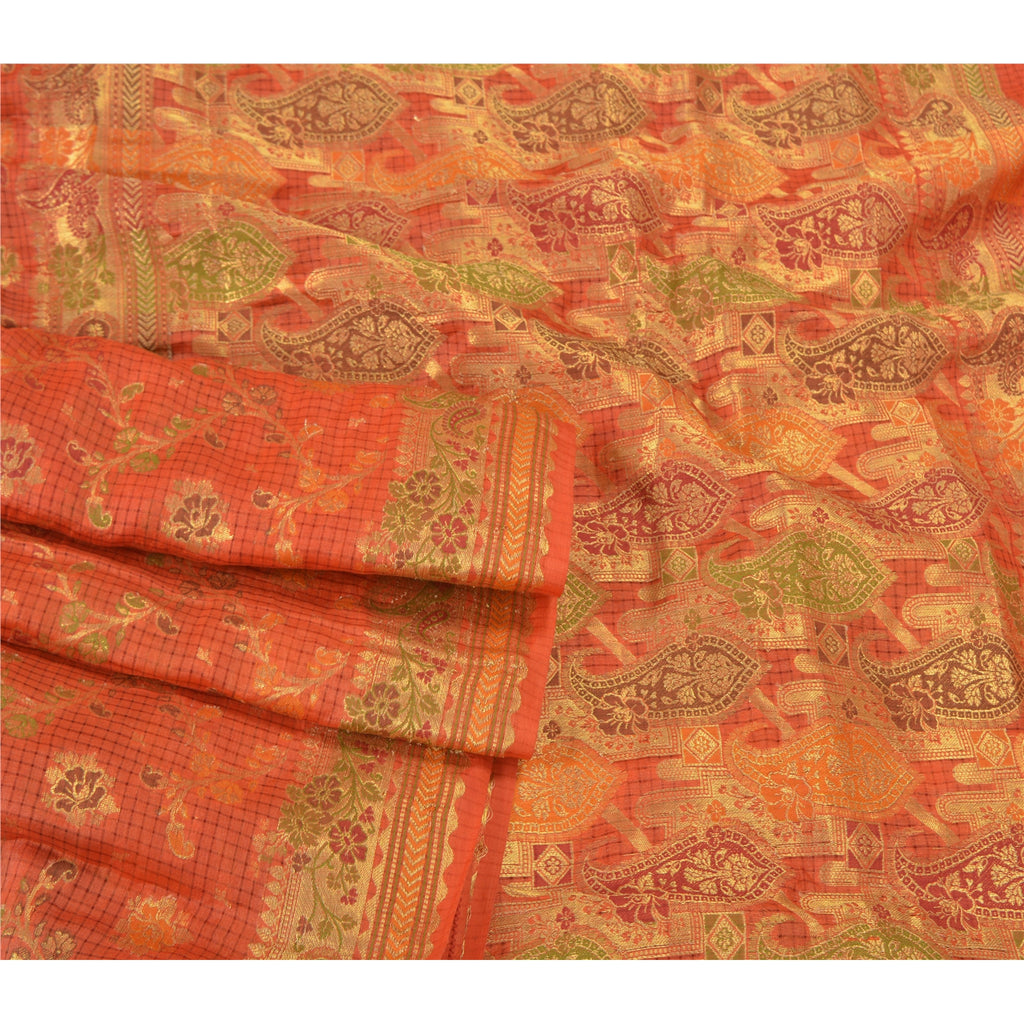 Sanskriti Vintage Orange Indiske Sarier 100% Ren Silke Vævet Premium Sari Bæredygtigt Stoff