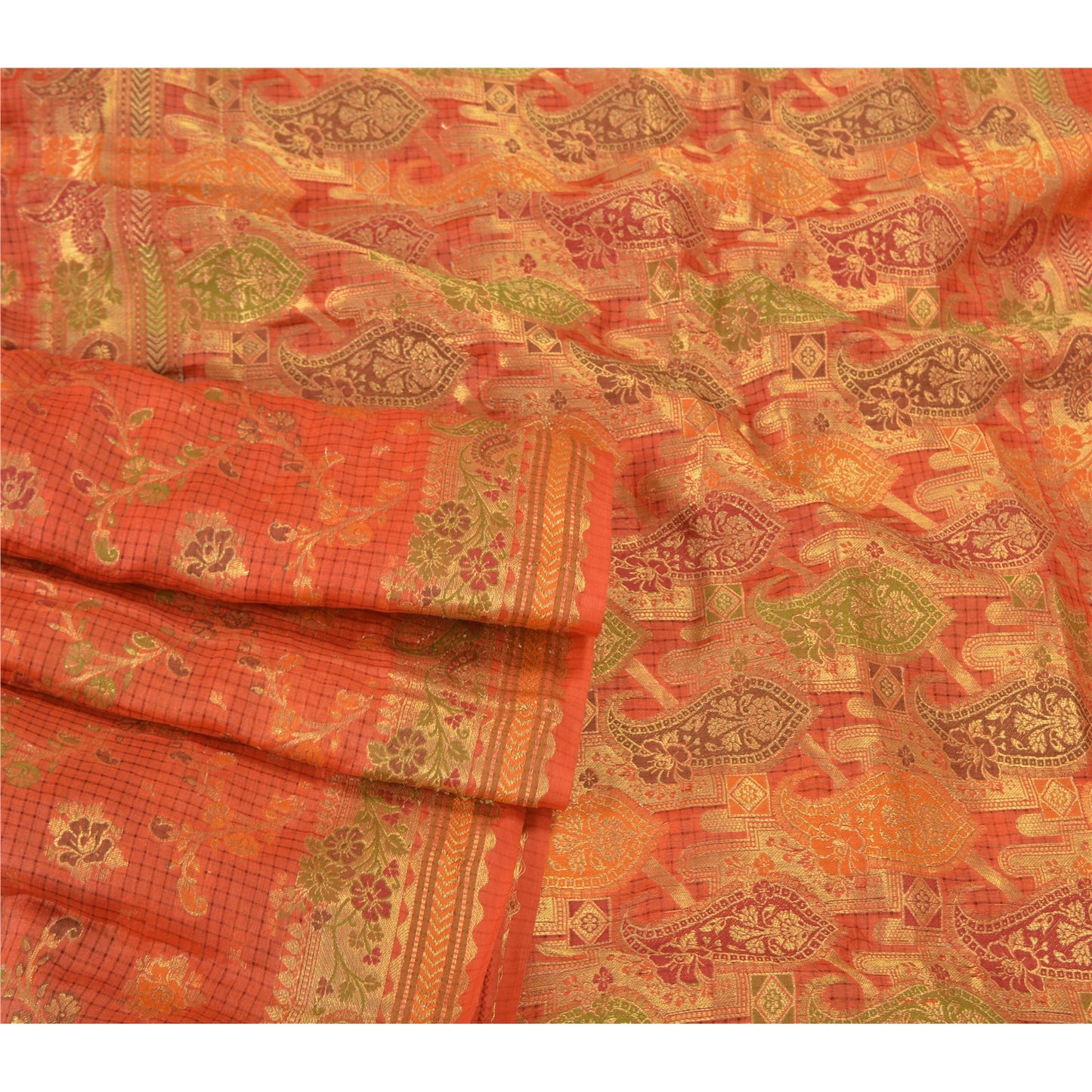 Sanskriti Vintage Orange Indiske Sarier 100% Ren Silke Vævet Premium Sari Bæredygtigt Stoff