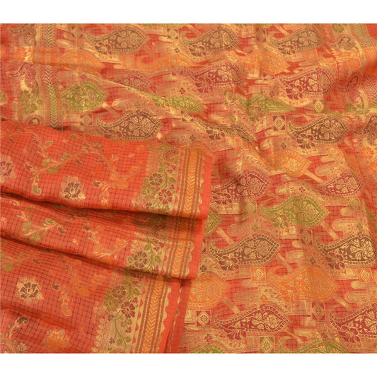 Sanskriti Vintage Orange Indian Sarees 100% Pure Silk Woven Premium Sari Sustainable Fabric