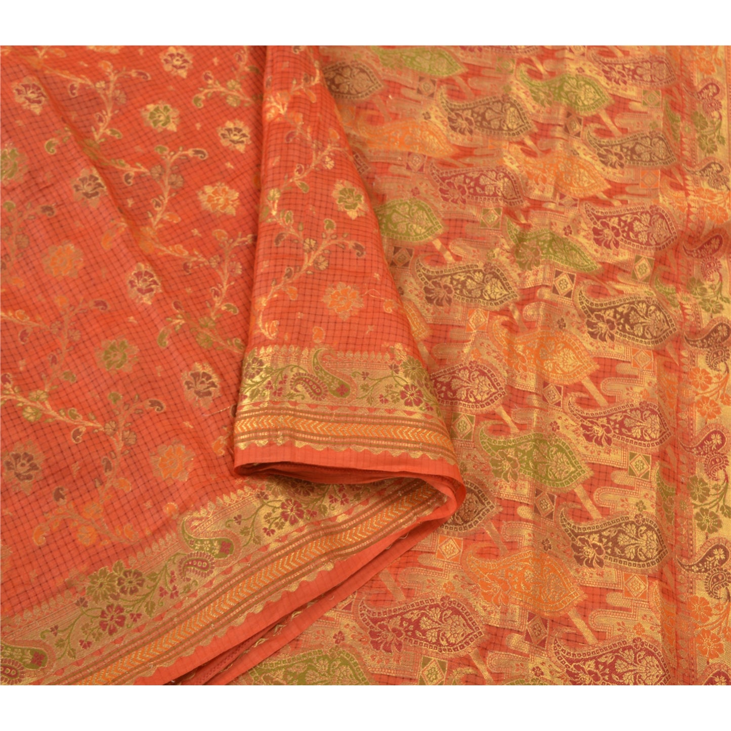 Sanskriti Vintage Orange Indiske Sarier 100% Ren Silke Vævet Premium Sari Bæredygtigt Stoff