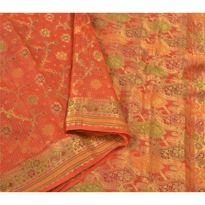 Sanskriti Vintage Orange Indiske Sarier 100% Ren Silke Vævet Premium Sari Bæredygtigt Stoff