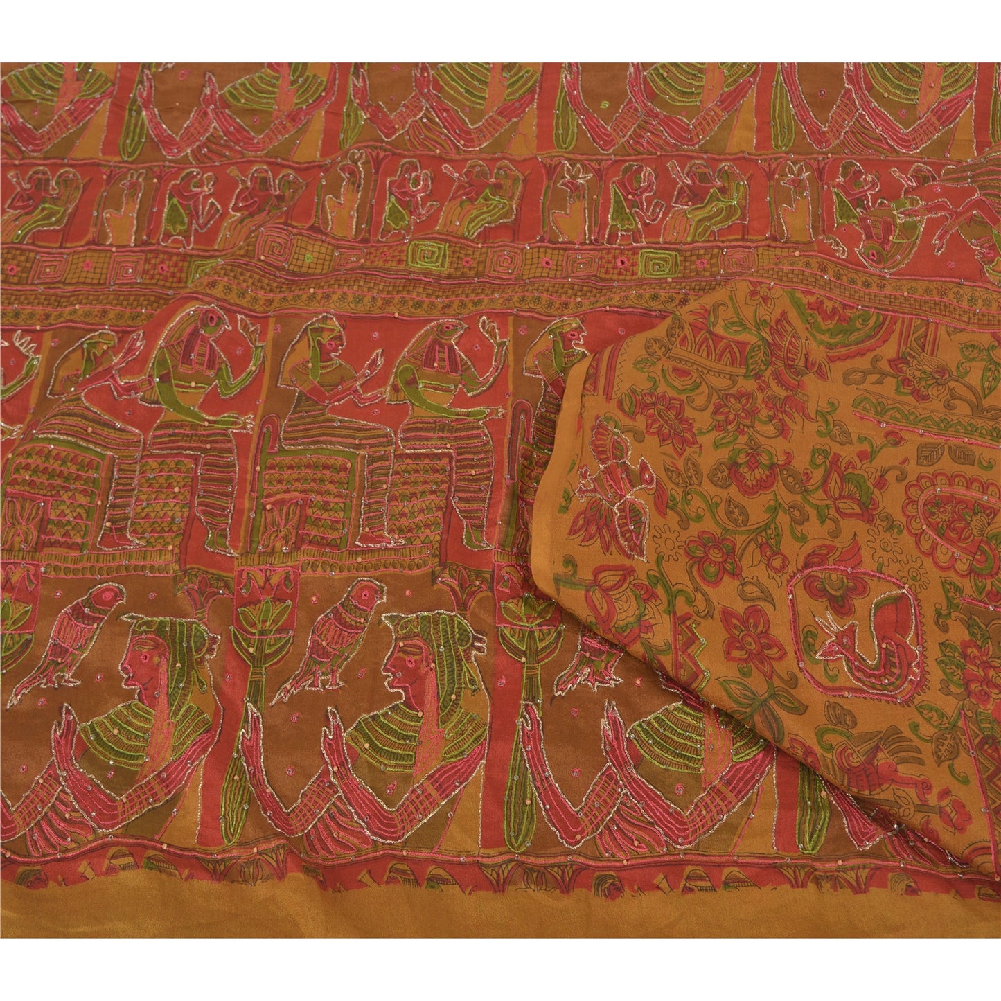 Санскритские винтажные коричневые индийские сари из чистого шелка, расшитые вручную бисером, сари из экологически чистой ткани