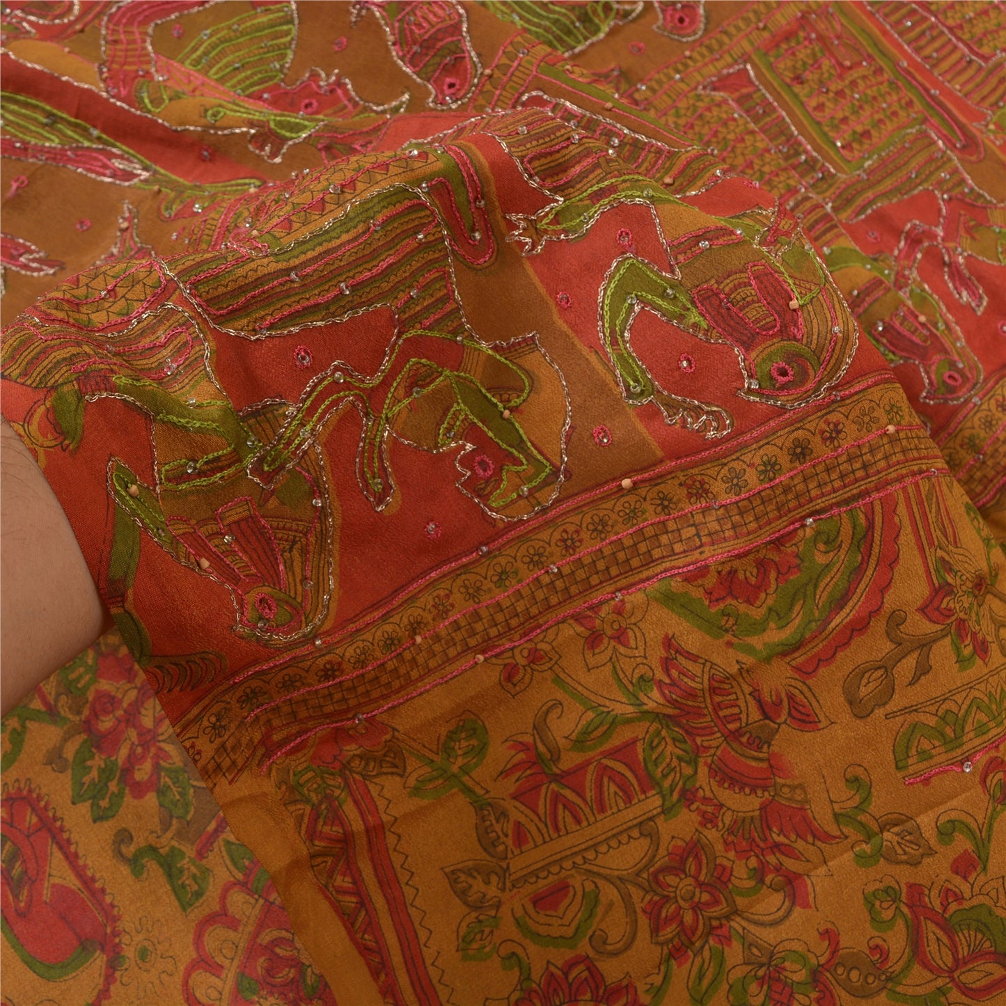 Санскритские винтажные коричневые индийские сари из чистого шелка, расшитые вручную бисером, сари из экологически чистой ткани