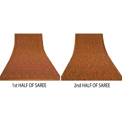 Санскритские винтажные коричневые индийские сари из чистого шелка, расшитые вручную бисером, сари из экологически чистой ткани