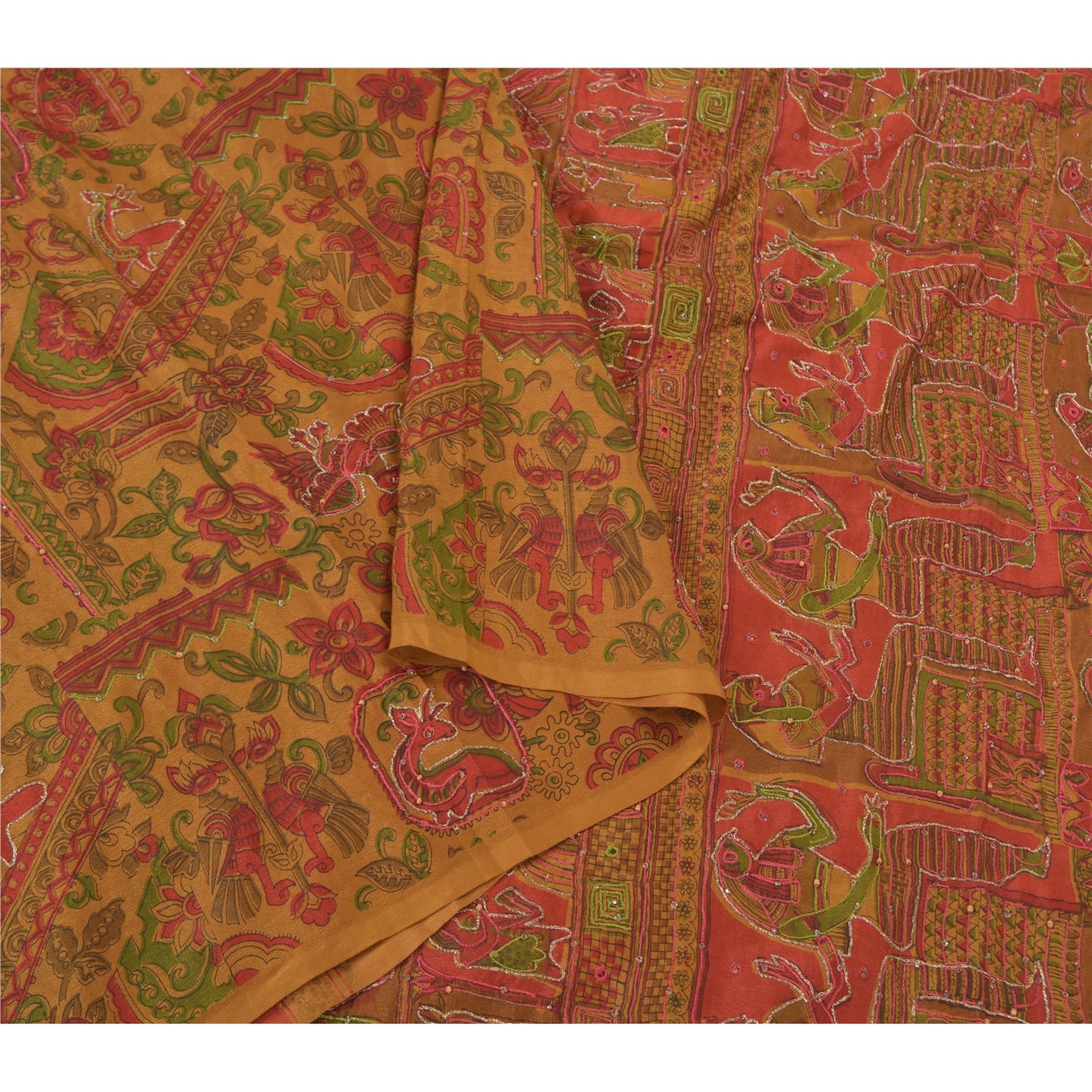 Санскритские винтажные коричневые индийские сари из чистого шелка, расшитые вручную бисером, сари из экологически чистой ткани