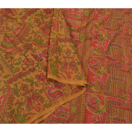 Sanskriti Vintage Brown Indian Sarees Pure Silk Hand Beaded Sari Craft Sustainable Fabric