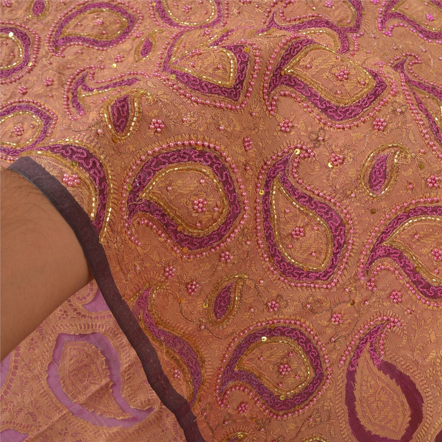 Sanskriti Vintage Purple Sarees Pure Organza Silk Hand Beaded Woven Sari Sustainable Fabric