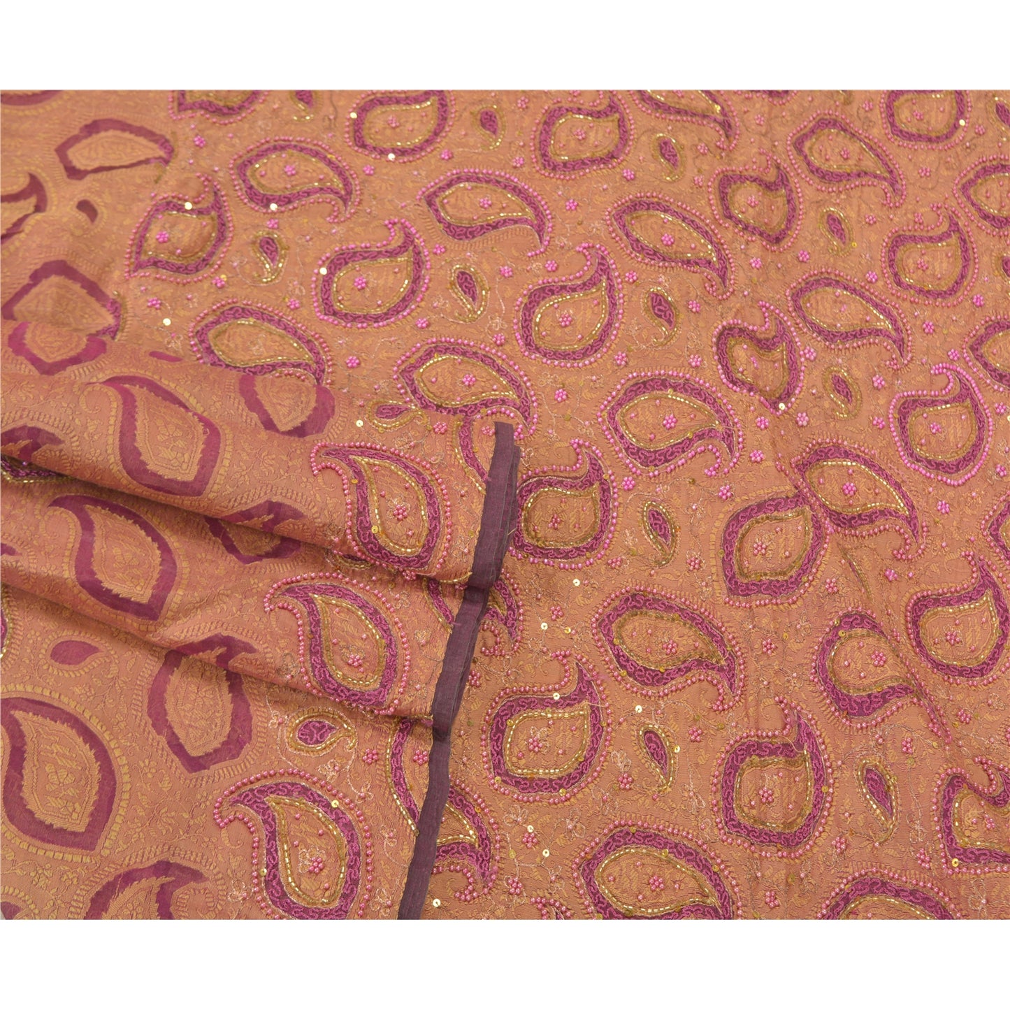 Sanskriti Vintage Purple Sarees Pure Organza Silk Hand Beaded Woven Sari Sustainable Fabric