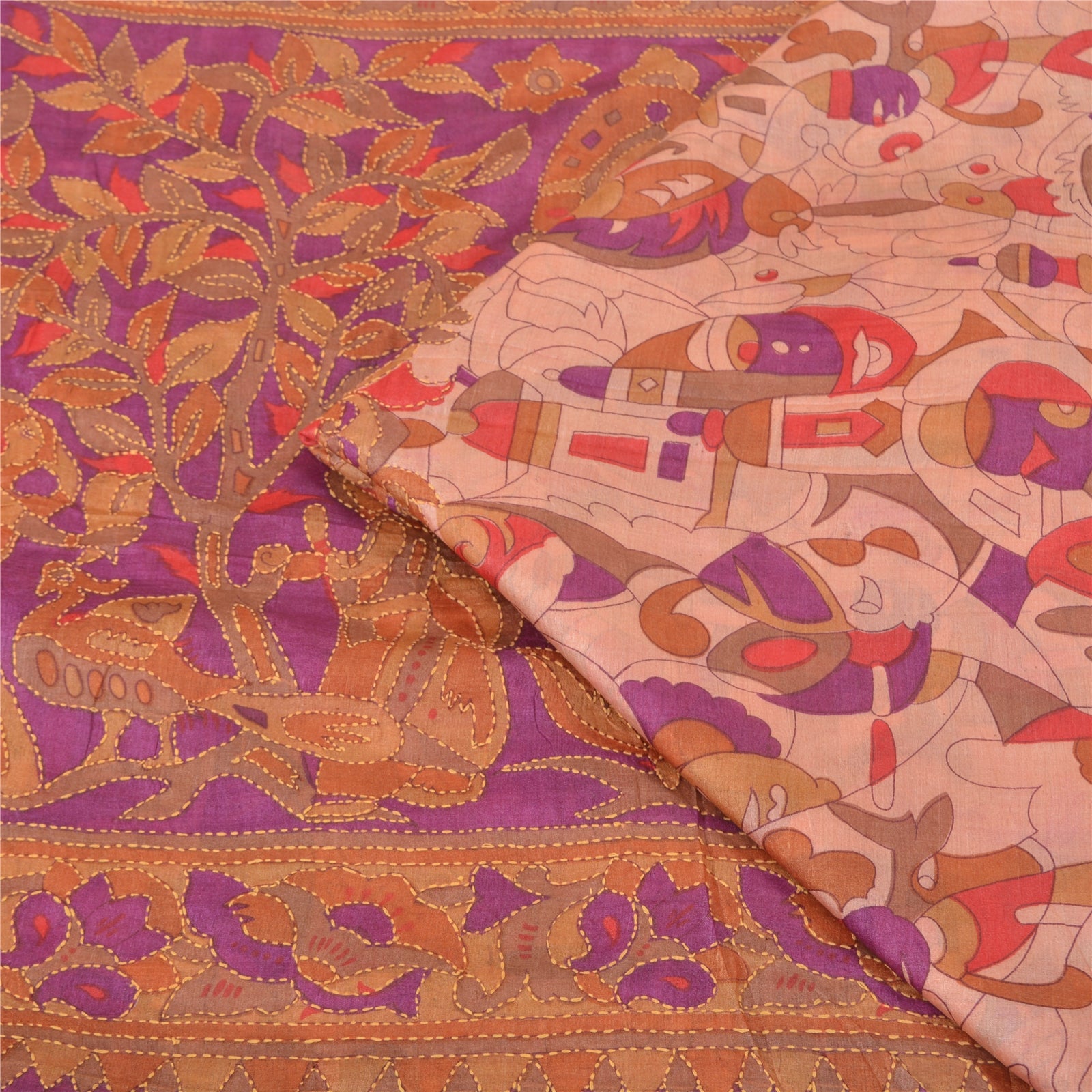 Sanskriti Vintage Pink & Purple 100% Pure Silk Sari: Hand Embroidered Kantha Bengal Of India Fabric Indian Heritage Textile Supplies