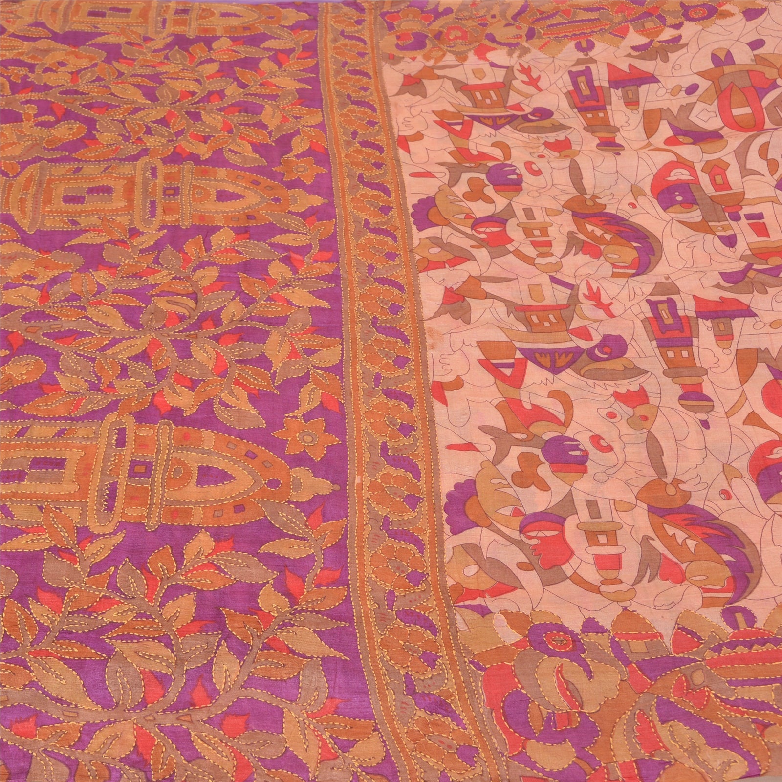 Sanskriti Vintage Pink & Purple 100% Pure Silk Sari: Hand Embroidered Kantha Bengal Of India Fabric Indian Heritage Textile Supplies