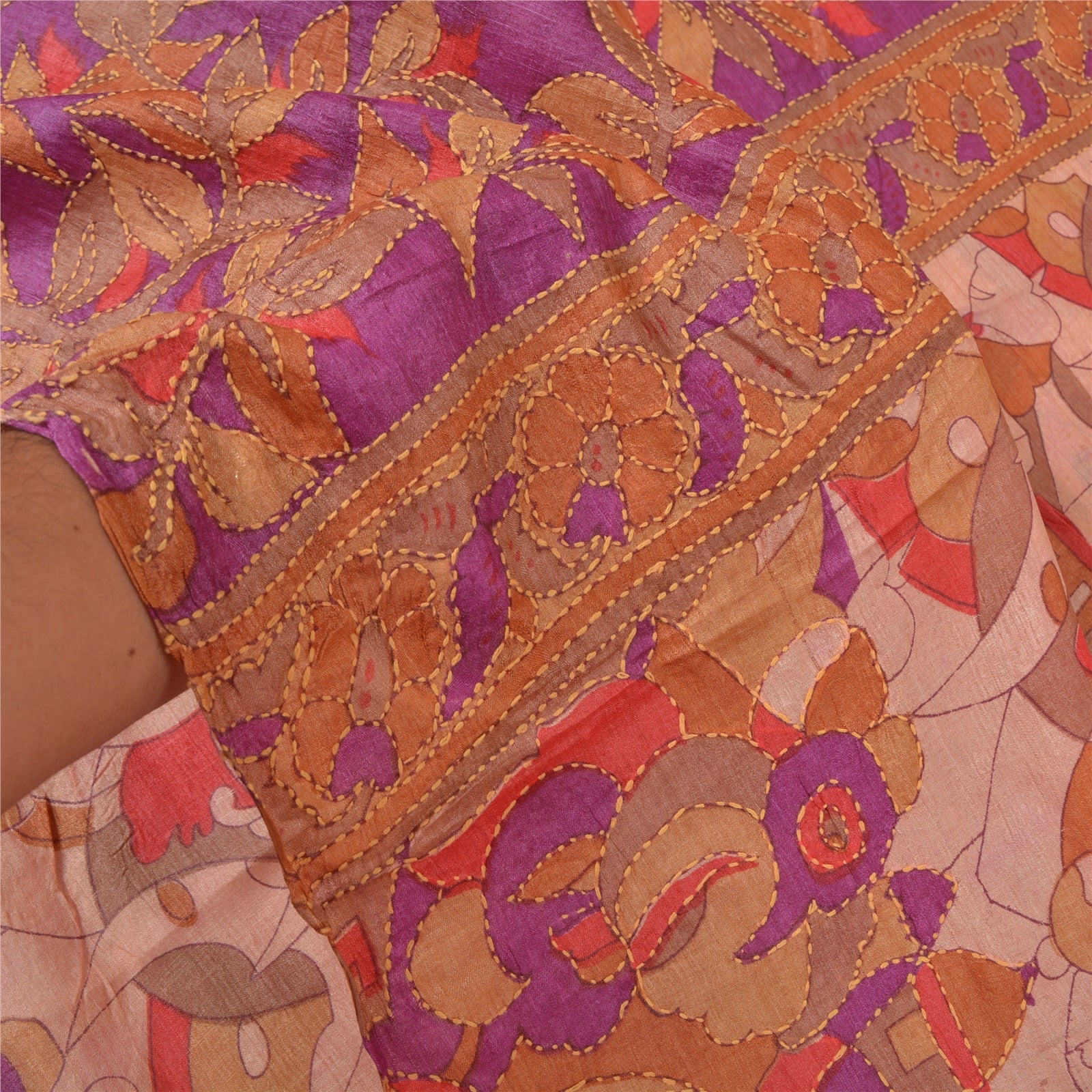 Sanskriti Vintage Pink & Purple 100% Pure Silk Sari: Hand Embroidered Kantha Bengal Of India Fabric Indian Heritage Textile Supplies