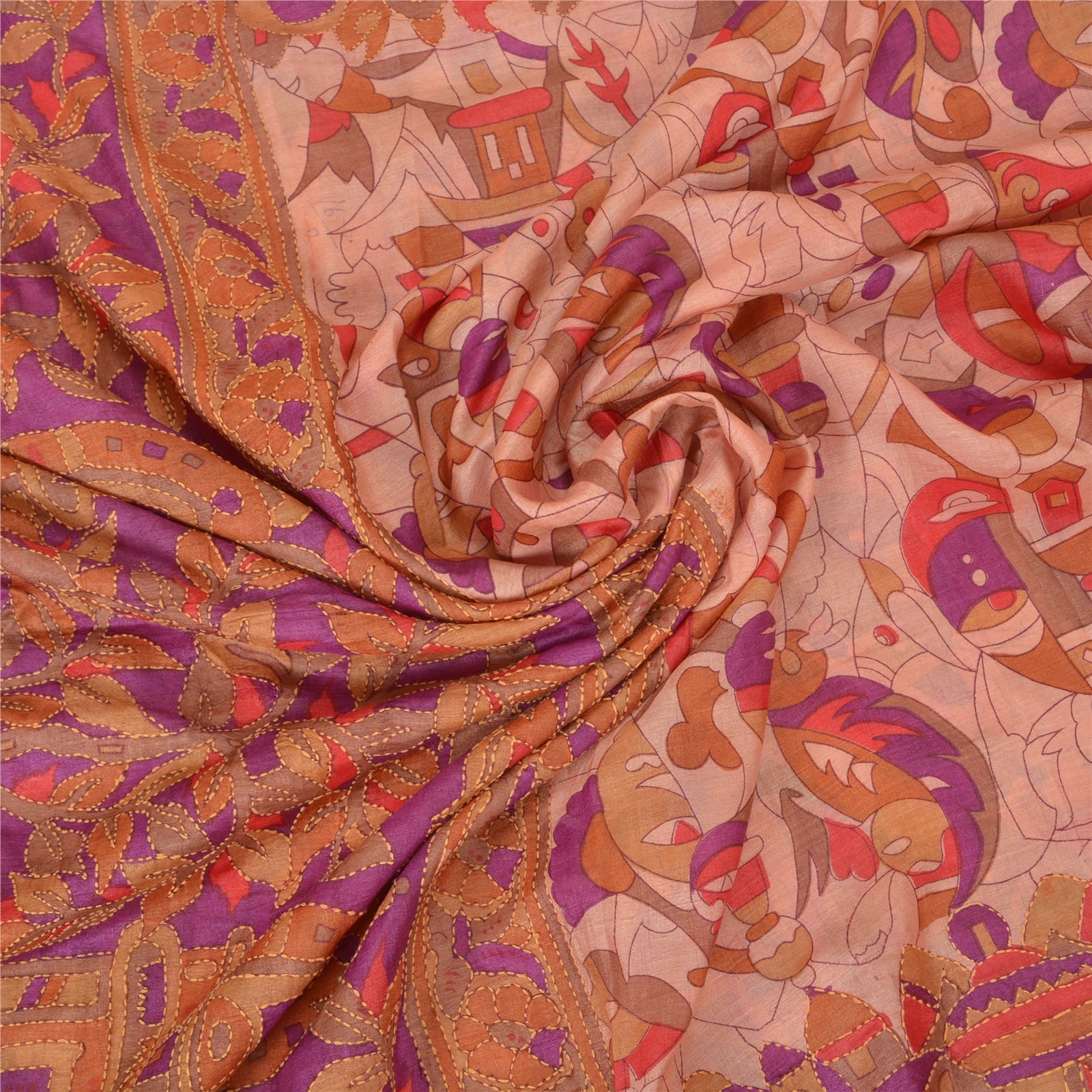 Sanskriti Vintage Pink & Purple 100% Pure Silk Sari: Hand Embroidered Kantha Bengal Of India Fabric Indian Heritage Textile Supplies