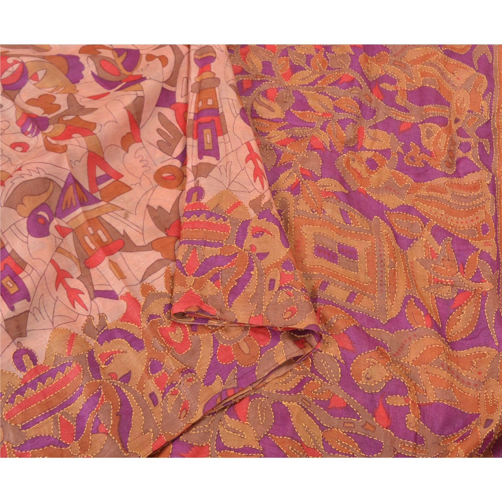 Sanskriti Vintage Pink & Purple 100% Pure Silk Sari: Hand Embroidered Kantha Bengal Of India Fabric Indian Heritage Textile Supplies