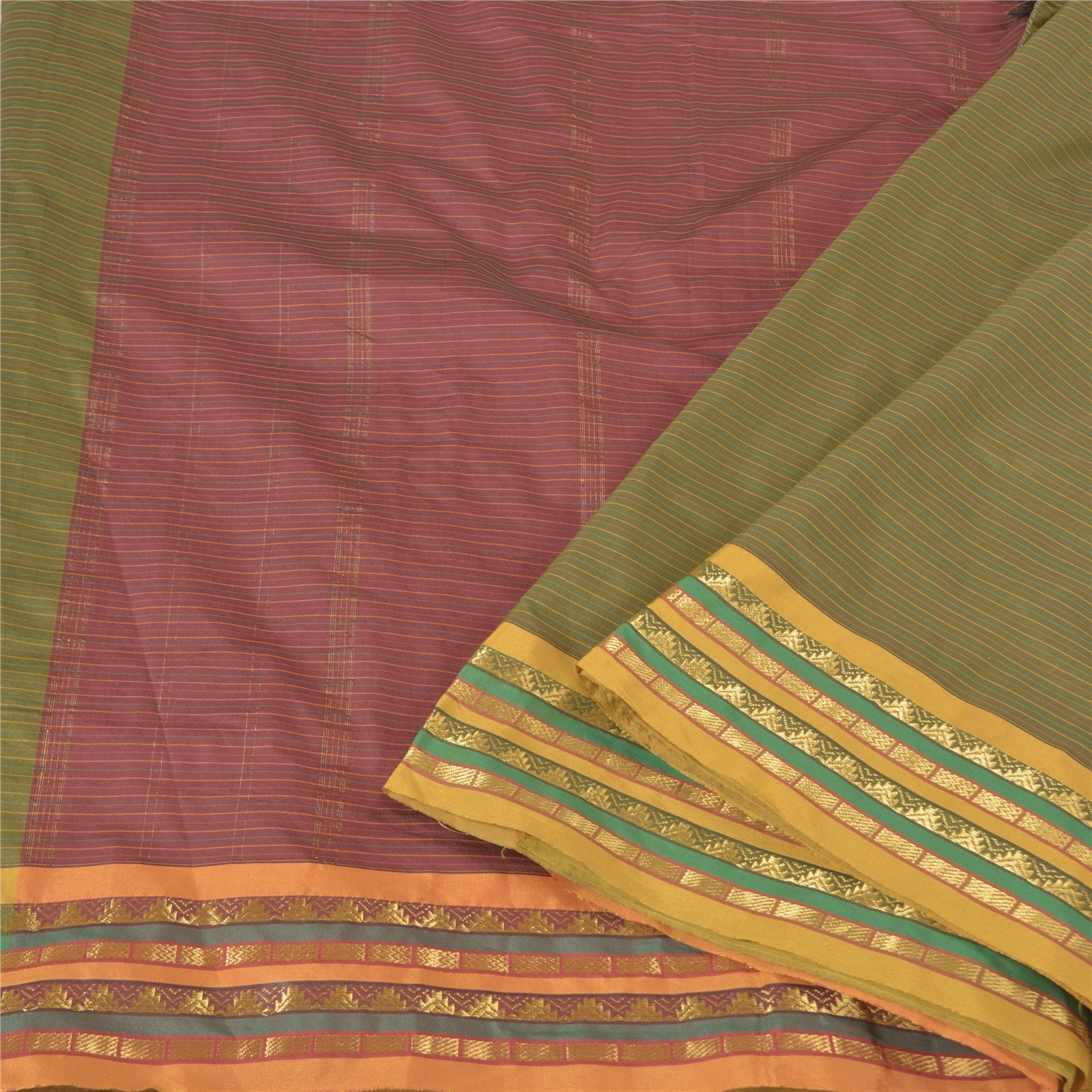 Sanskriti Vintage Art Silk Ilkal Sari: Red & Green Woven From Karnataka Craft Fabric (5 Yard) Design- Dresses, Kaftans, Skirts, Blouses