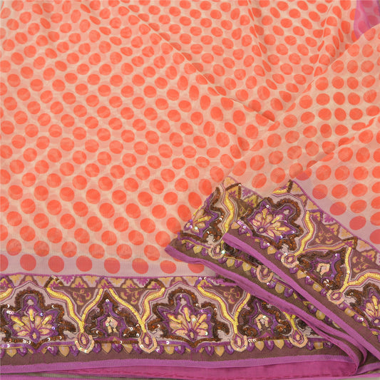 Sanskriti Vintage Orange Sarees Net Mesh Hand Beaded Premium Sari Craft Sustainable Fabric