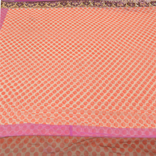 Sanskriti Vintage Orange Sarees Net Mesh Hand Beaded Premium Sari Craft Sustainable Fabric