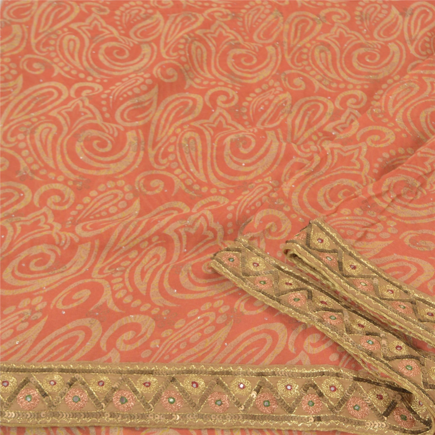 Sanskriti Vintage Peach Sarees Blend Georgette Hand Beaded Premium Sari Sustainable Fabric