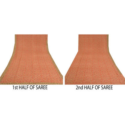 Sanskriti Vintage Peach Sarees Blend Georgette Hand Beaded Premium Sari Sustainable Fabric