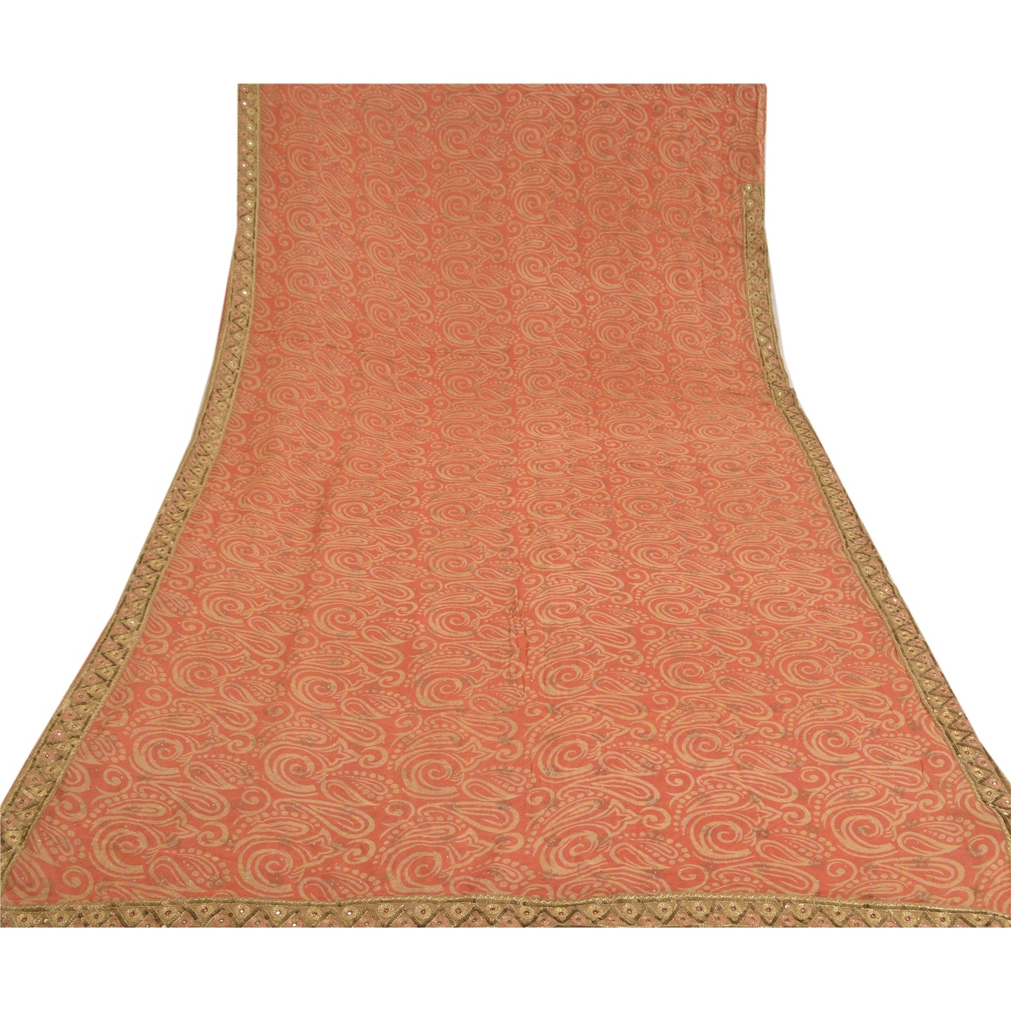Sanskriti Vintage Peach Sarees Blend Georgette Hand Beaded Premium Sari Sustainable Fabric