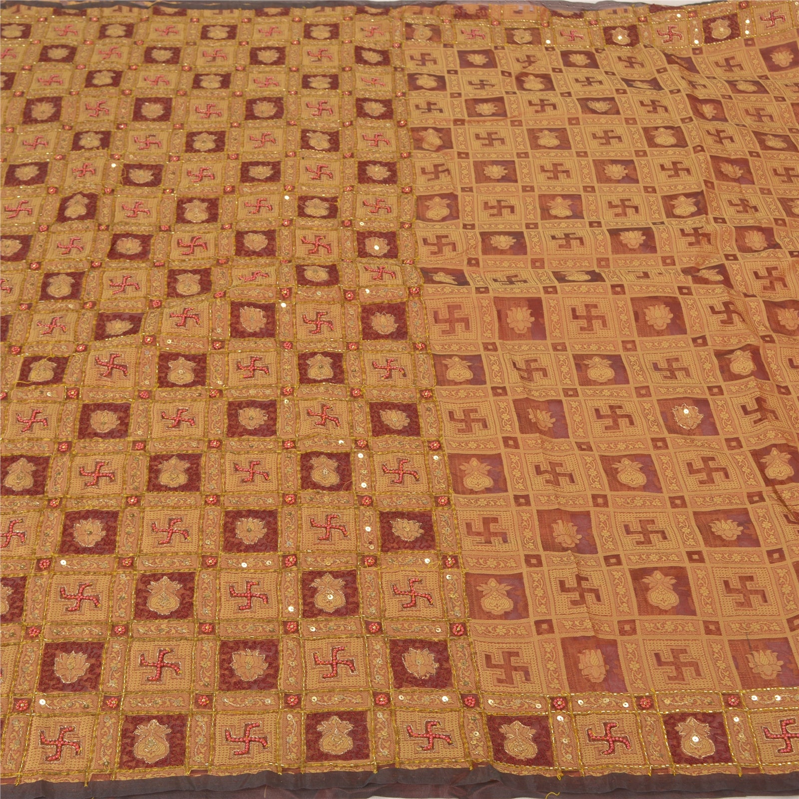 Sanskriti Vintage indiske sarier i ren organza silke, håndvævet sari med bæredygtigt stof og perler.