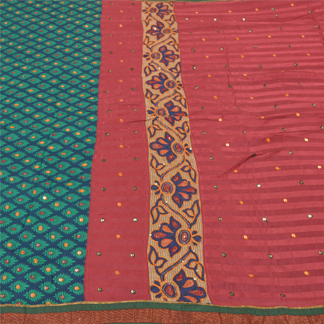 Sanskriti Vintage Dark Red Sarees Blend Georgette Hand Beaded Sari Craft Fabric