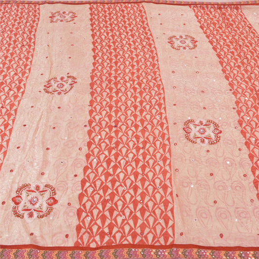 Sanskriti Vintage Ivory Sarees Blend Georgette Hand Beaded Woven Sari Sustainable Fabric