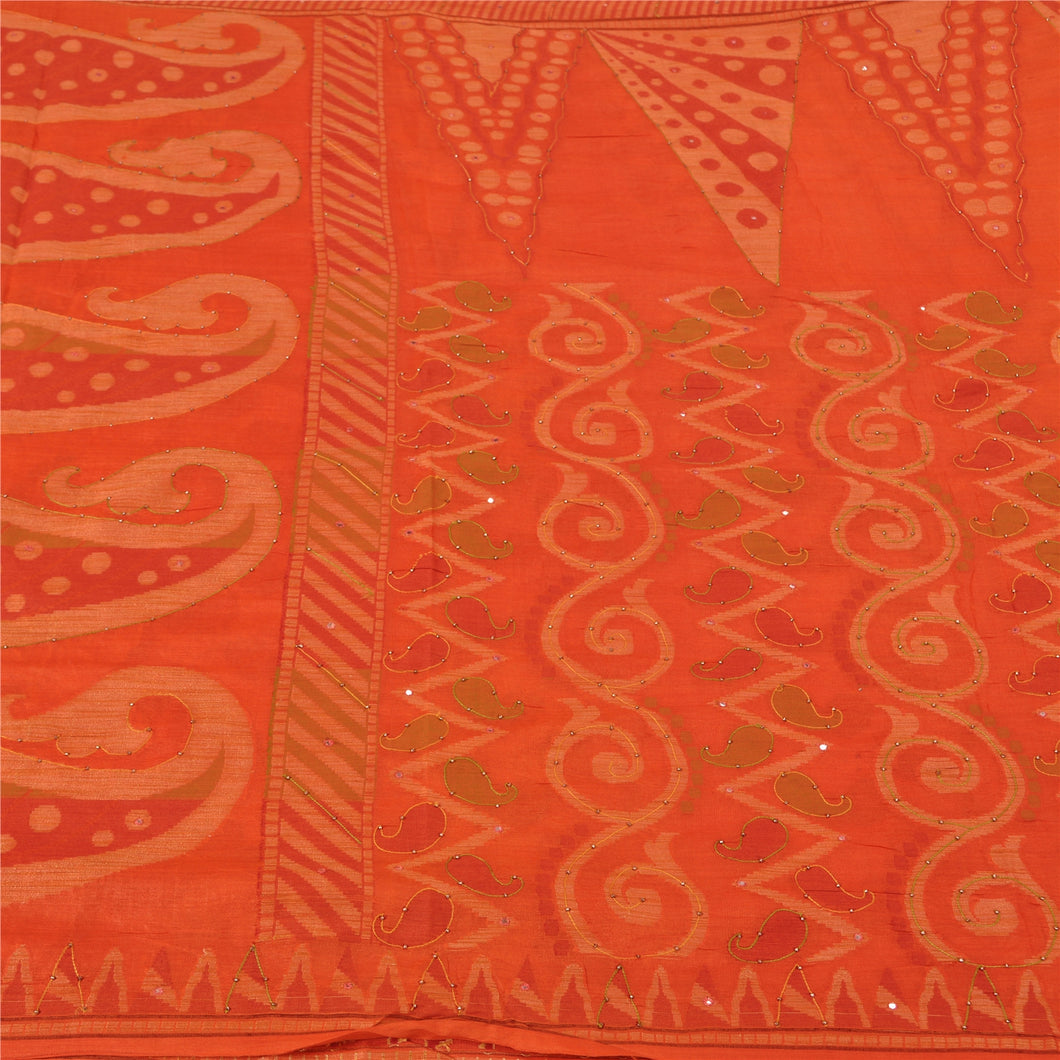 Sanskriti Vintage Orange Sarees Pure Silk Hand Beaded Woven Sari Craft Fabric