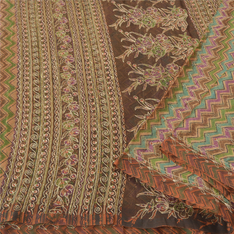 Sanskriti Vintage Indian Sarees Chiffon Hand Beaded Premium Sari Craft Sustainable Fabric