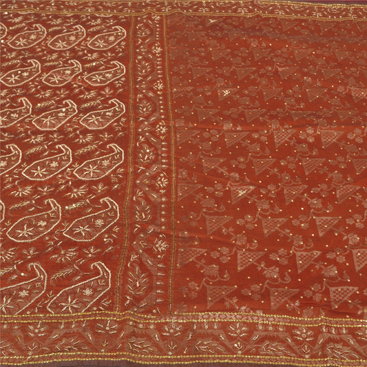 Sanskriti Vintage Rusty Orange Sarees Blend Silk Hand Beaded Woven Sari Sustainable Fabric