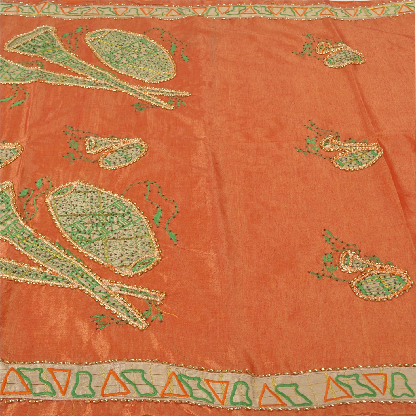 Sanskriti Vintage Orange Sarees Art Silk Hand Beaded Cultural Sari Craft Sustainable Fabric