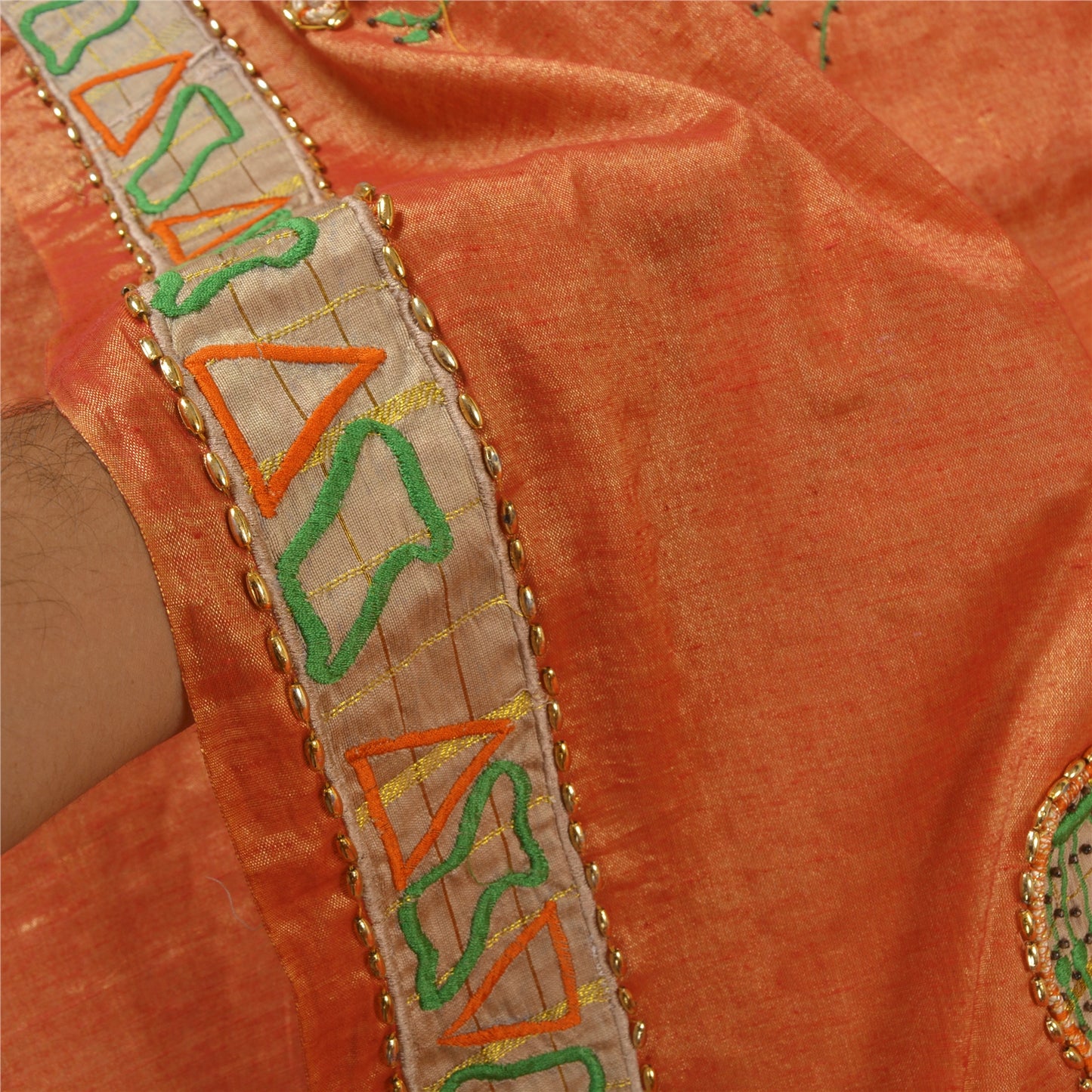 Sanskriti Vintage Orange Sarees Art Silk Hand Beaded Cultural Sari Craft Sustainable Fabric
