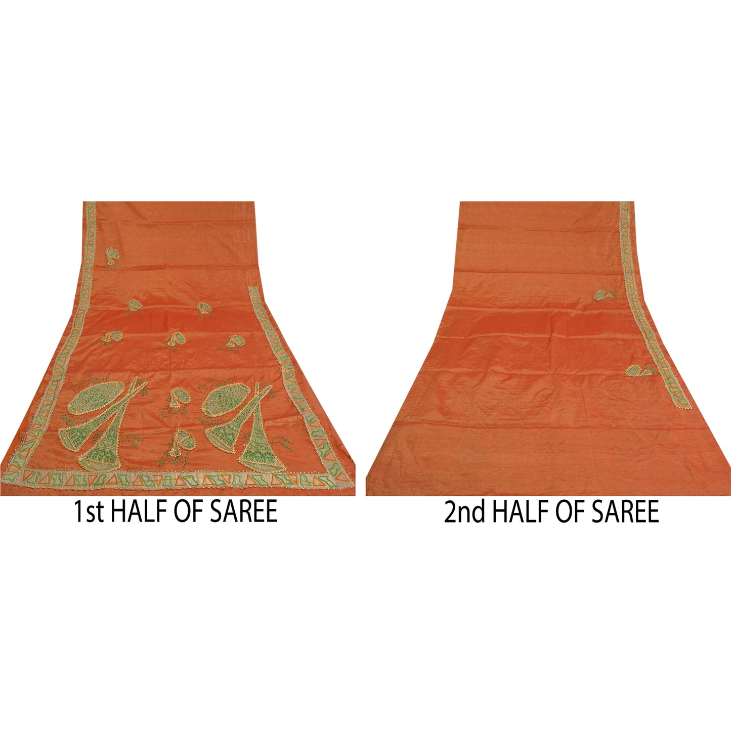 Sanskriti Vintage Orange Sarees Art Silk Hand Beaded Cultural Sari Craft Sustainable Fabric