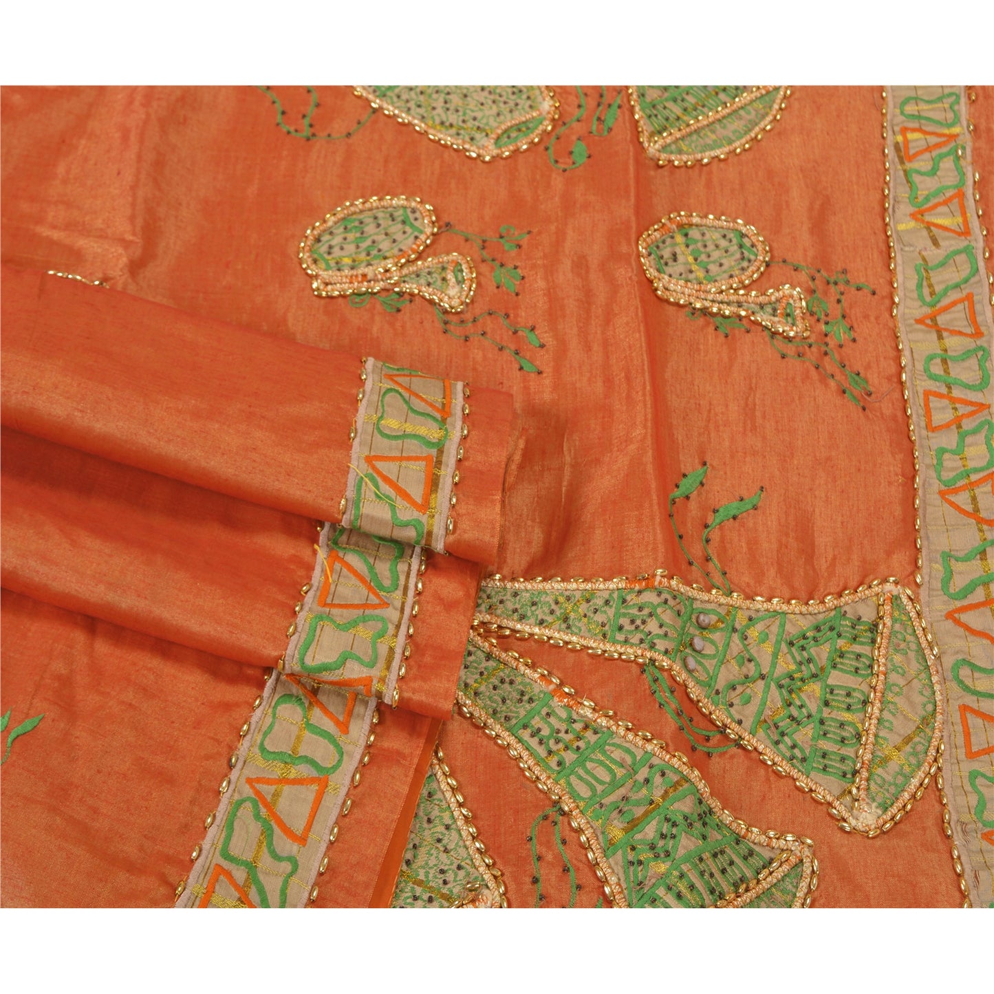 Sanskriti Vintage Orange Sarees Art Silk Hand Beaded Cultural Sari Craft Sustainable Fabric