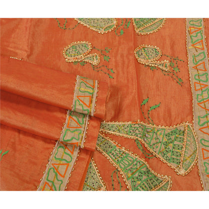 Sanskriti Vintage Orange Sarees Art Silk Hand Beaded Cultural Sari Craft Sustainable Fabric