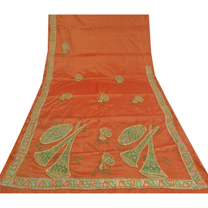 Sanskriti Vintage Orange Sarees Art Silk Hand Beaded Cultural Sari Craft Sustainable Fabric