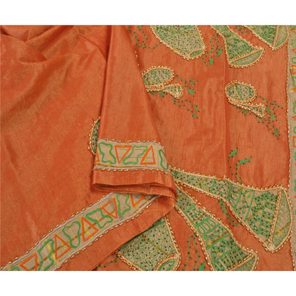 Sanskriti Vintage Orange Sarees Art Silk Hand Beaded Cultural Sari Craft Sustainable Fabric
