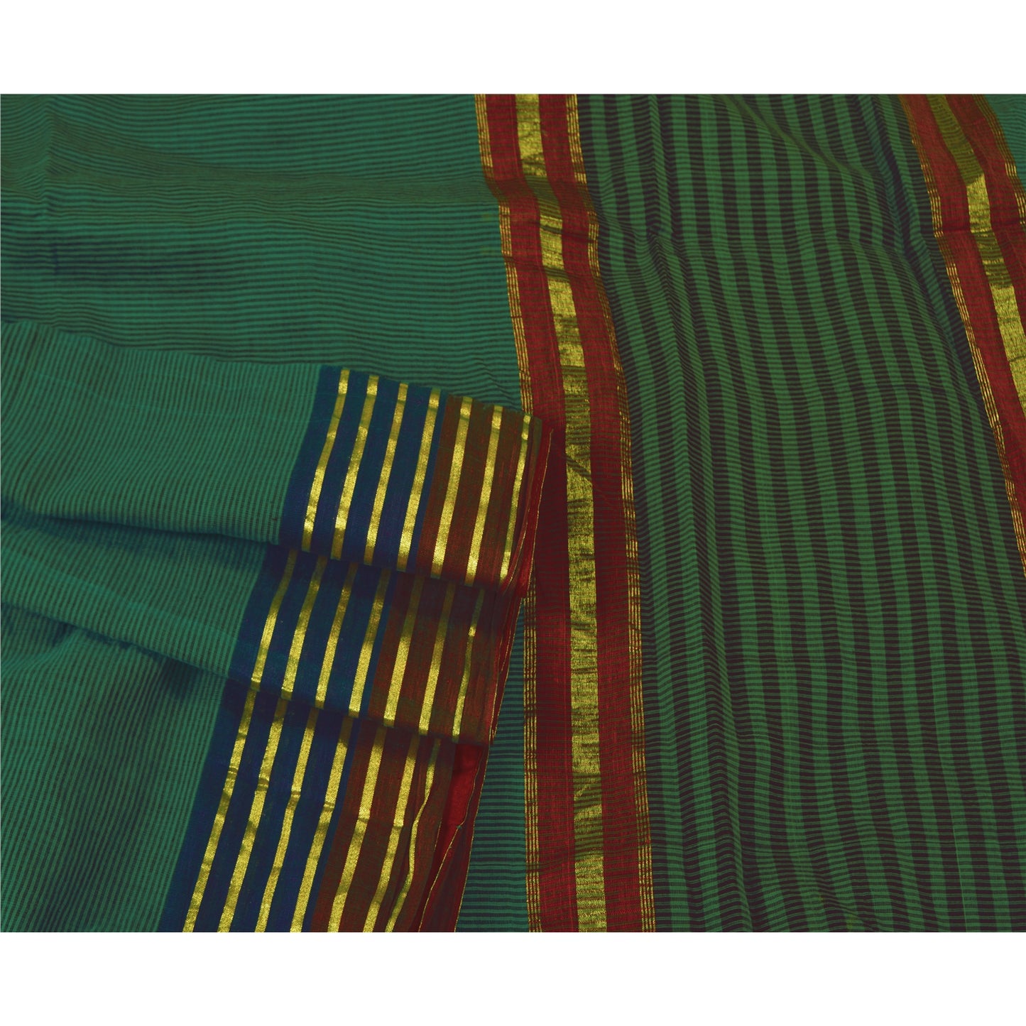 Sanskriti Vintage Green Sarees Cotton Silk Woven Ilkal Premium Sari 5 YD Sustainable Fabric