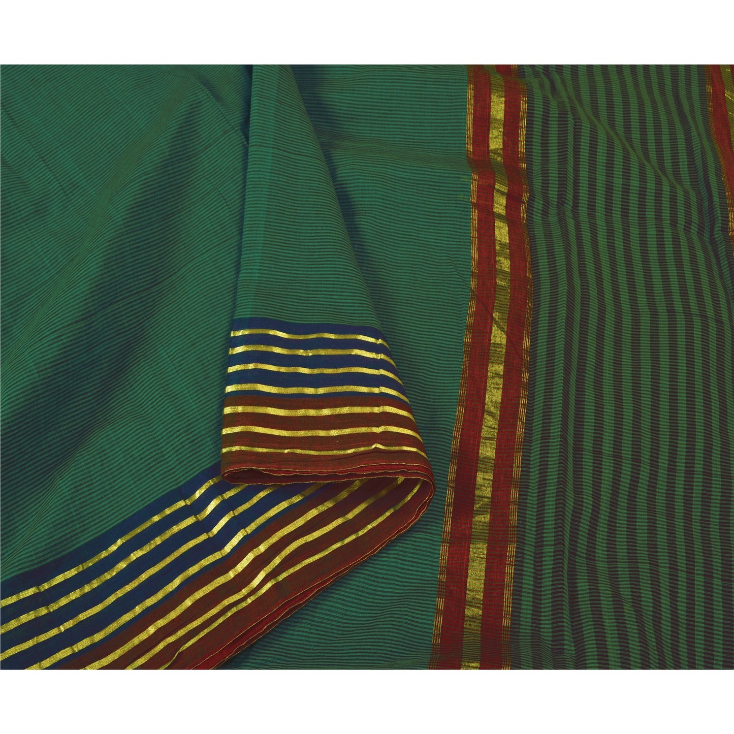 Sanskriti Vintage Green Sarees Cotton Silk Woven Ilkal Premium Sari 5 YD Sustainable Fabric