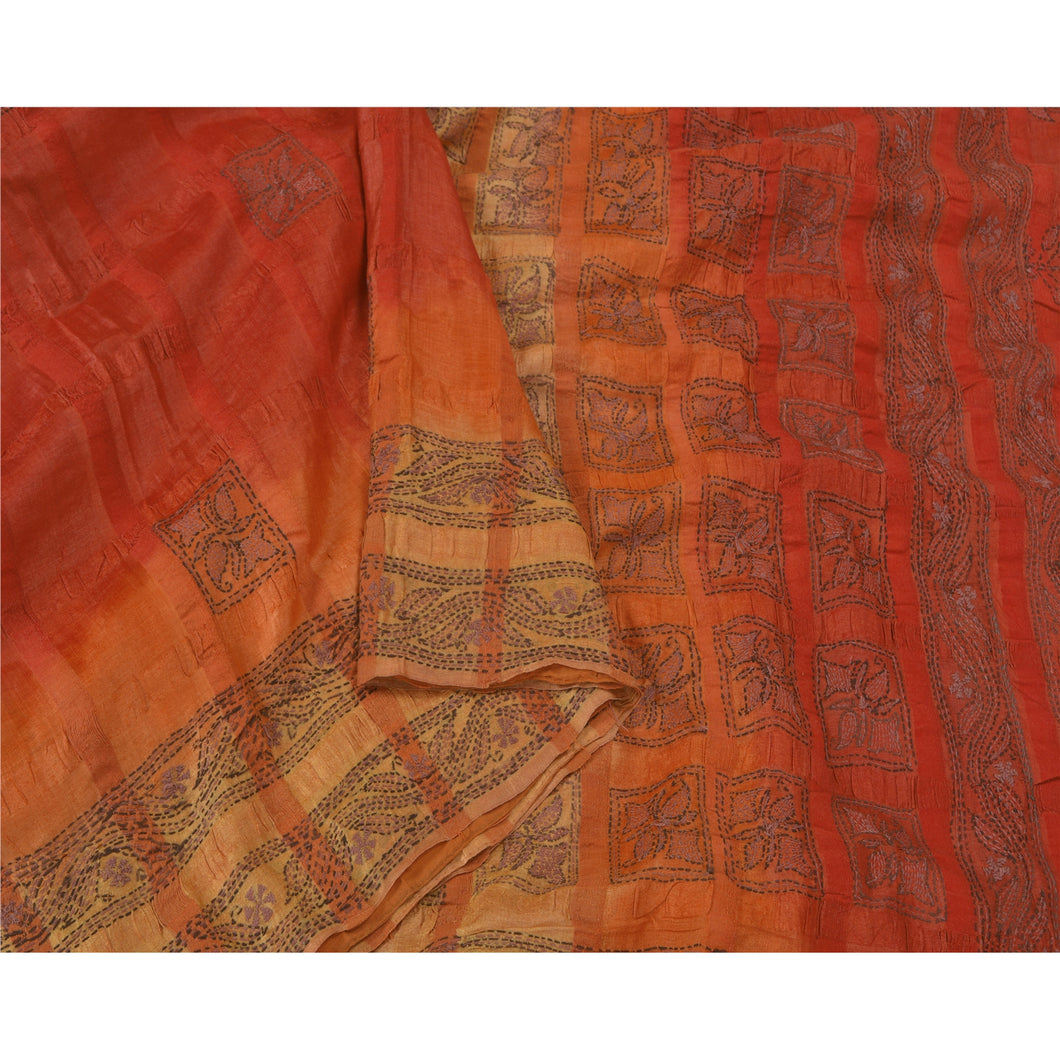 Sanskriti Vintage Orange Sarees Pure Silk Hand Embroidered Kantha Sari Fabric