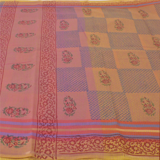 Sanskriti Vintage Pink Indian Sarees Chanderi Block Printed Sari Craft Sustainable Fabric