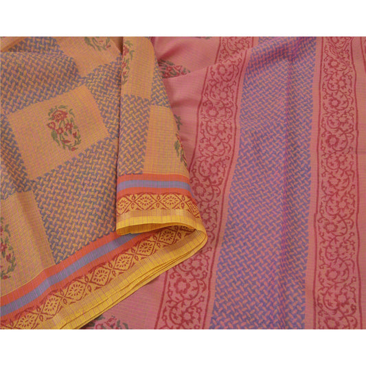 Sanskriti Vintage Pink Indian Sarees Chanderi Block Printed Sari Craft Sustainable Fabric