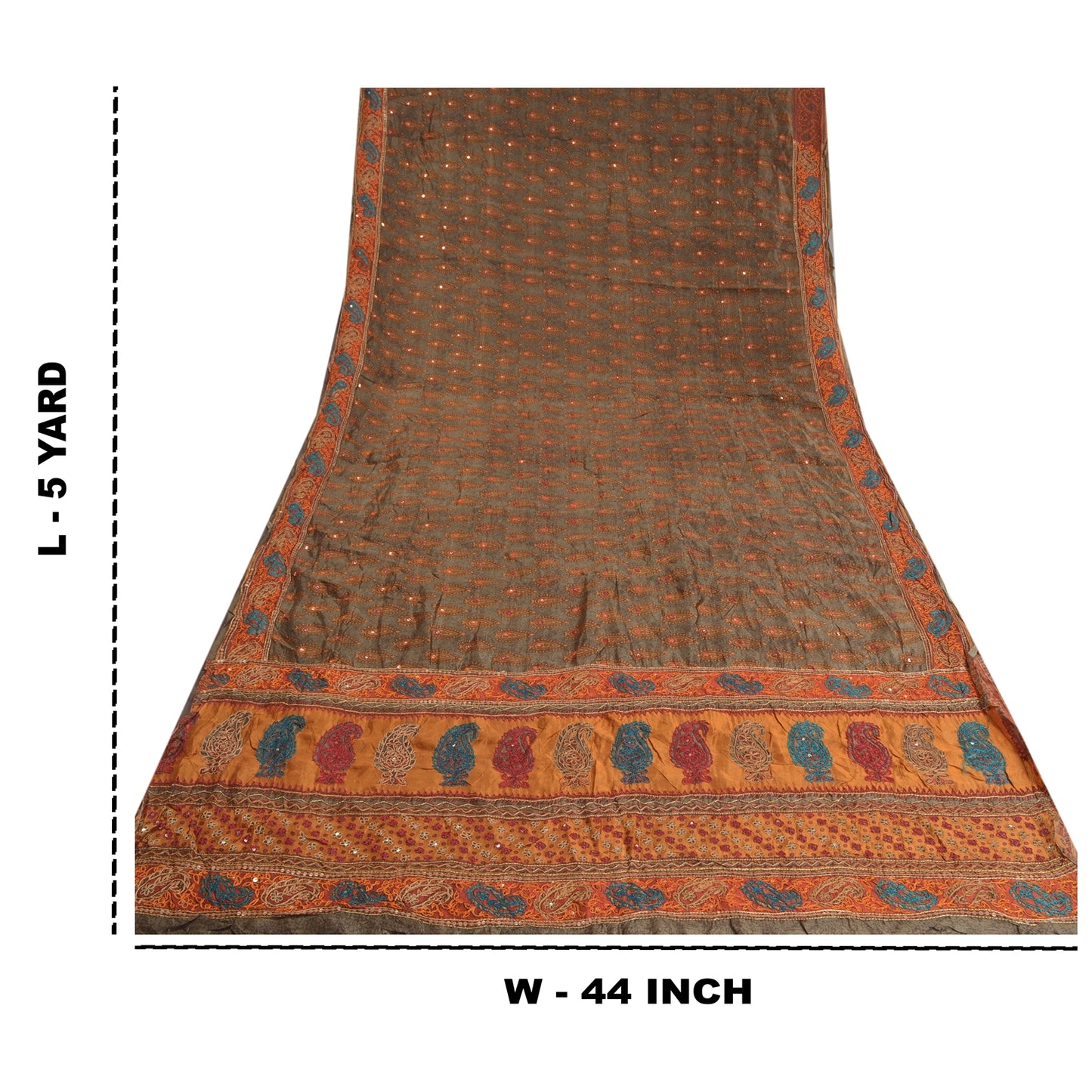 Sanskriti Vintage Grey Indian Sarees Pure Silk Hand Beaded Sari Craft Sustainable Fabric