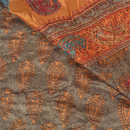 Sanskriti Vintage Grey Indian Sarees Pure Silk Hand Beaded Sari Craft Sustainable Fabric